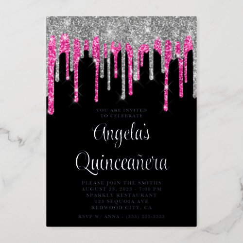 Black Silver Deep Pink Glitter Drips Quinceaera Foil Invitation