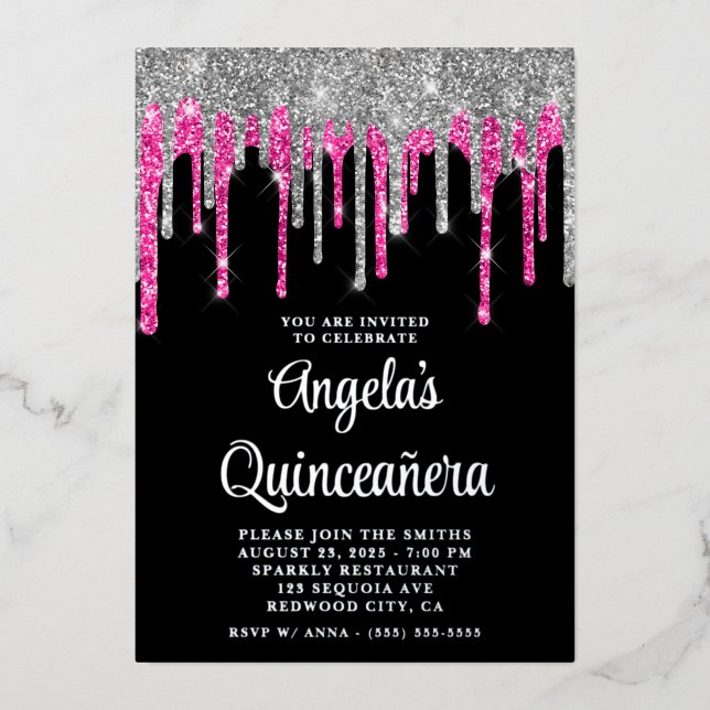 Black Silver Deep Pink Glitter Drips Quinceañera Foil Invitation (Front)