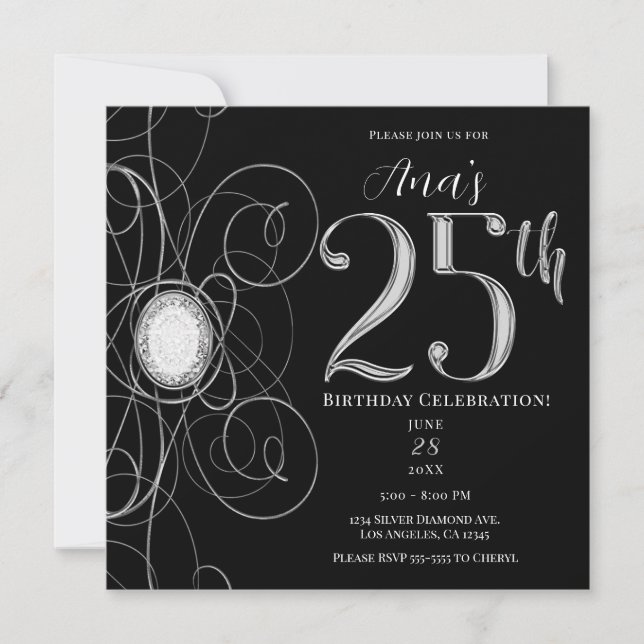 Black & Silver Diamond 25 25th Birthday Party Invitation (Front)