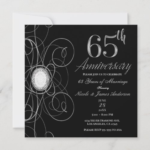 Black  Silver Diamond 65 65th Anniversary Party Invitation