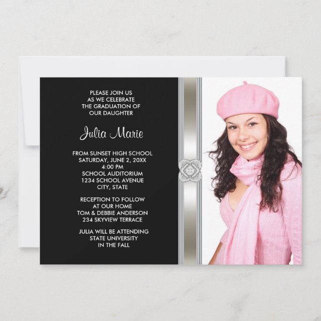 Black Silver Diamond Girl Photo Graduation Invitation (Front)