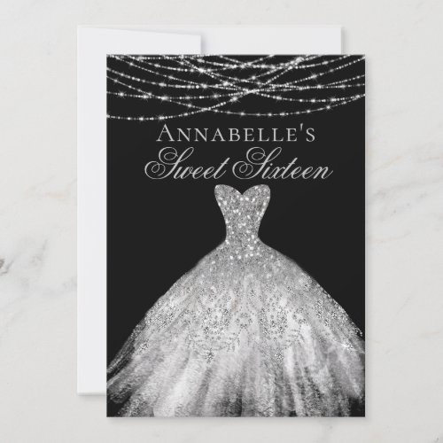 Black  Silver Diamond Sparkle Dress Sweet 16 Invitation
