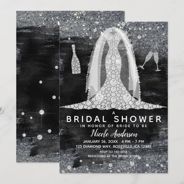 Black Silver Diamond Wedding Dress Bridal Shower Invitation (Front/Back)