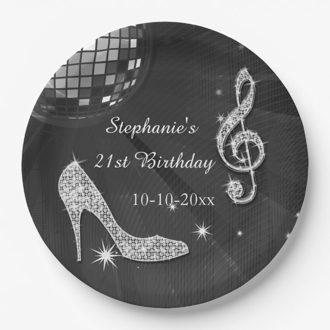 Black/Silver Disco Ball and Heels 21st Birthday Paper Plates (Front)