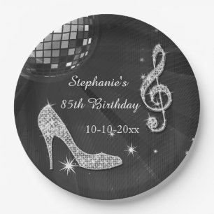 Black/Silver Disco Ball and Heels 85th Birthday Paper Plates