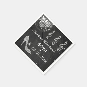 Black/Silver Disco Ball and Sparkle Heels 40th Paper Napkins