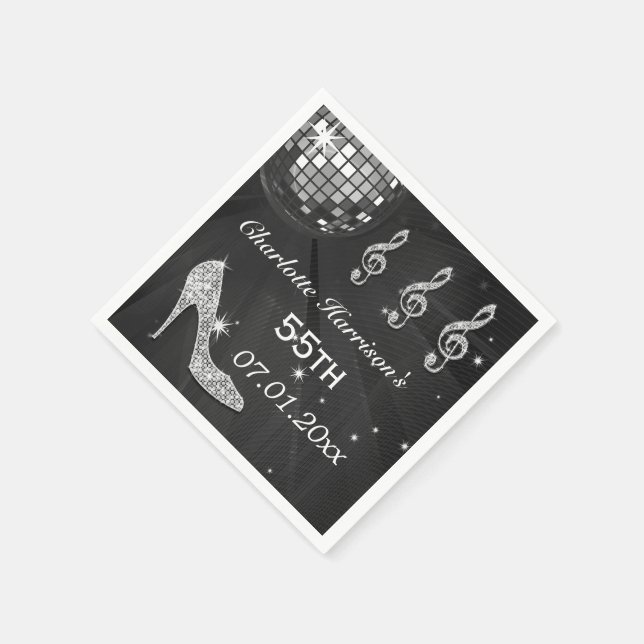 Black/Silver Disco Ball and Sparkle Heels 55th Paper Napkins (Corner)
