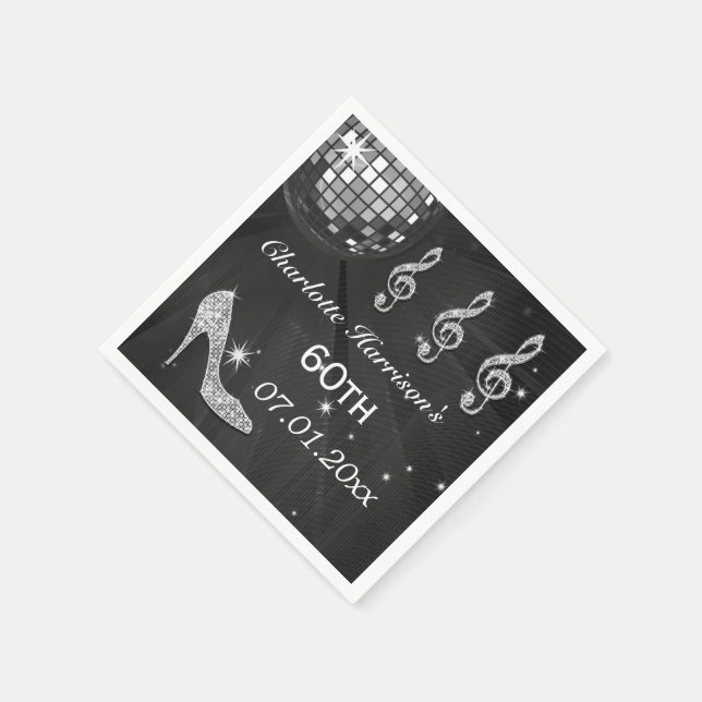 Black/Silver Disco Ball and Sparkle Heels 60th Napkins (Corner)