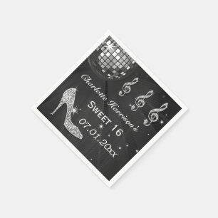 Black/Silver Disco Ball and Sparkle Heels Sweet 16 Paper Napkins