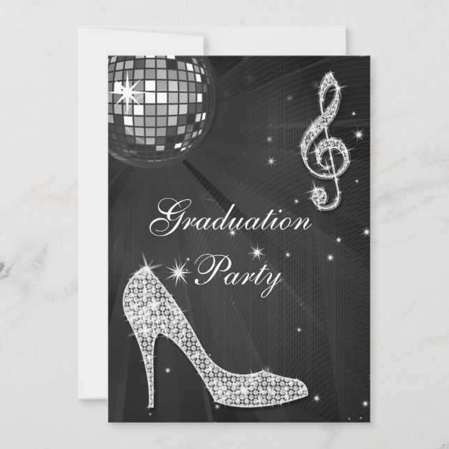 Black & Silver Disco Ball Sparkle Heels Graduation Invitation (Front)