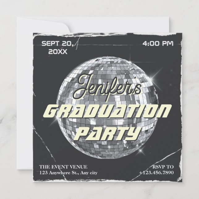 Black silver disco party ball grunge graduation invitation (Front)