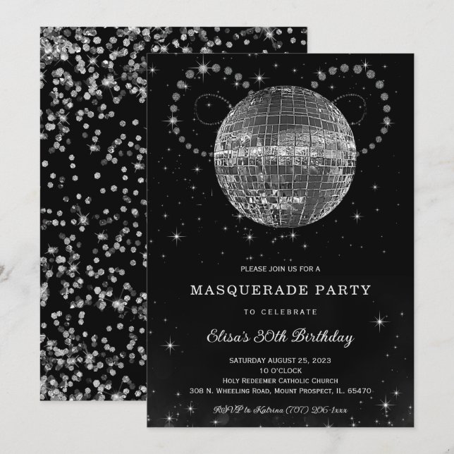 Black Silver Disko Birthday Party Invitation (Front/Back)