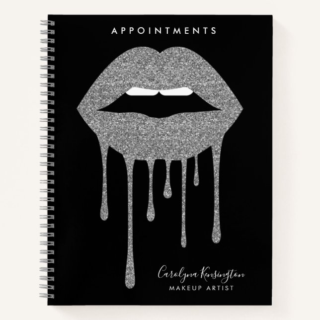 Black Silver Dripping Glitter Lips Makeup  Notebook (Front)