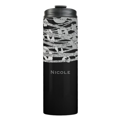 Black Silver Elegant Glitter Leopard Cheetah Print Thermal Tumbler