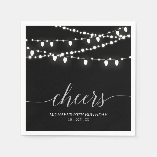 Black & Silver Elegant Lights Adult Birthday Party Napkins (Front)