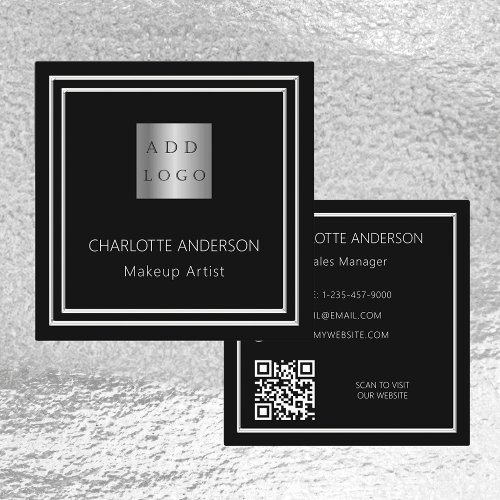 Black silver elegant logo QR code Square Business Card