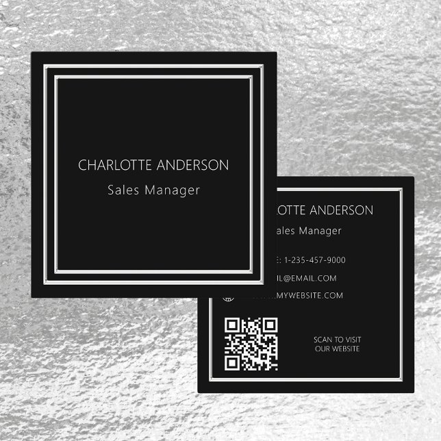 Black silver elegant minimalist QR code Square Business Card (Creator Uploaded)