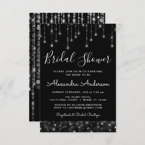 Black Silver Elegant String Lights Bridal Shower Invitation