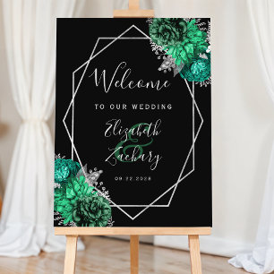 Black Silver Emerald Green Floral Wedding Welcome Foam Board