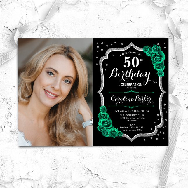 Black Silver Emerald Green Photo 50th Birthday Invitation (Creator Uploaded)