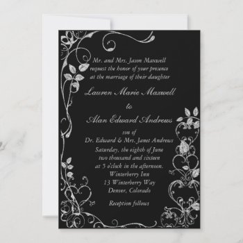 Black Silver Faux Diamond Heart Swirl Wedding Invitation by AvenueCentral at Zazzle