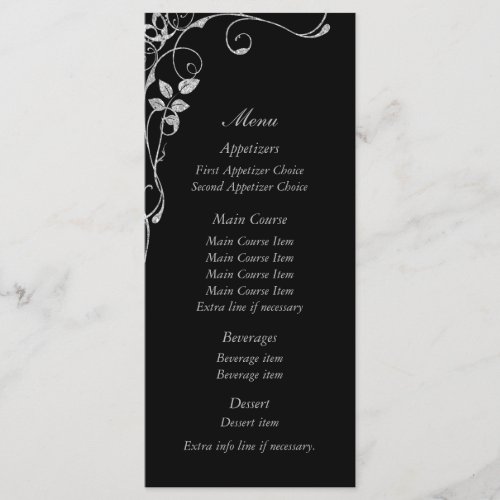 Black Silver Faux Diamond Heart Swirl Wedding Menu