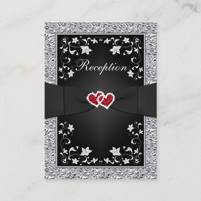 Black Silver FAUX Foil, Floral, Red Reception Card (Front)