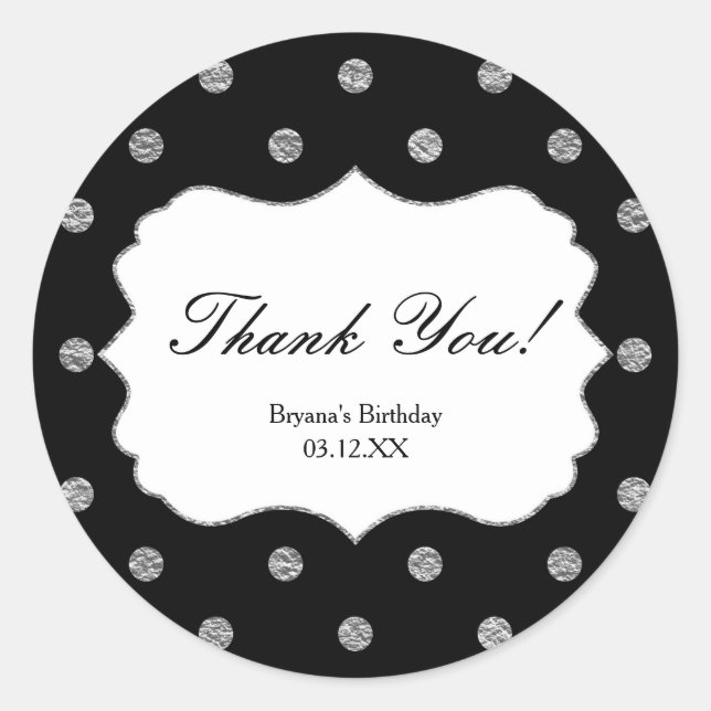 Black & Silver Faux Foil Polka Dots Party Stickers (Front)