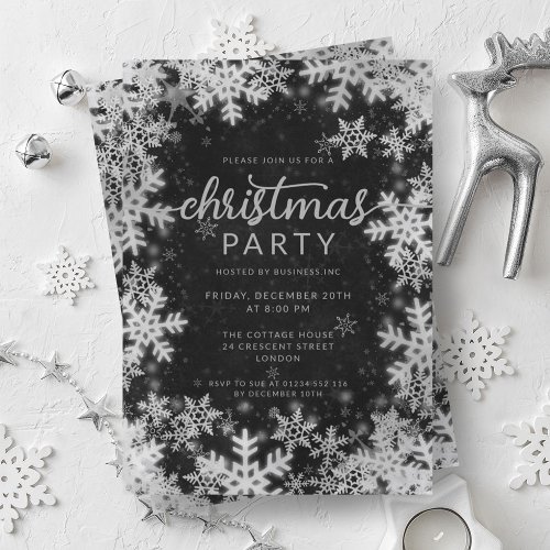 Black Silver Faux Foil Snowflakes Christmas Party Invitation