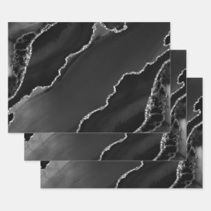 Black & Silver Faux Glitter Agate Wrapping Paper Sheets