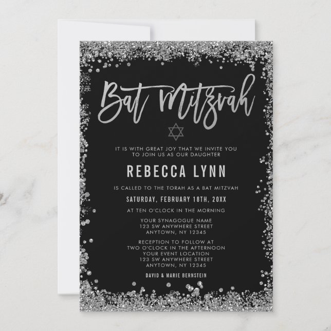 Black Silver Faux Glitter Bat Mitzvah Invitation (Front)