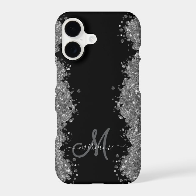 Black Silver Faux Glitter Grey Modern Monogram Case-Mate iPhone Case (Back)