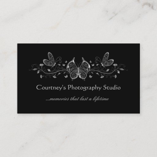 Customizable Black Silver Filigree Butterflies Business Cards
