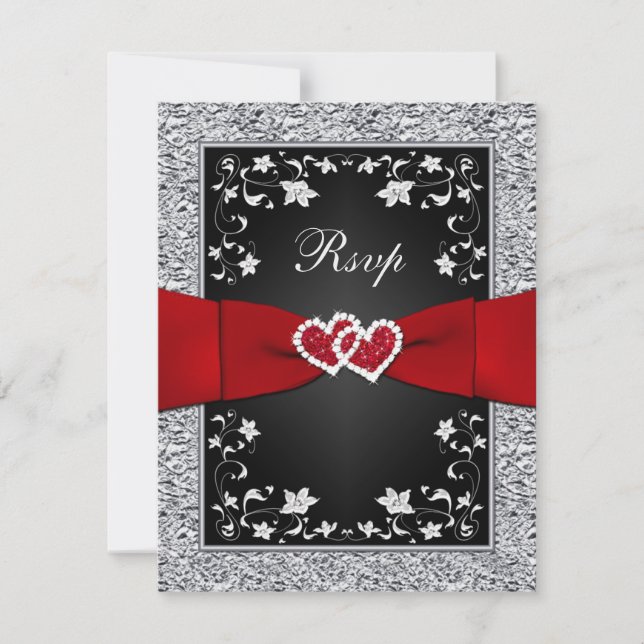 Black Silver Floral Hearts FAUX Foil RSVP (Front)