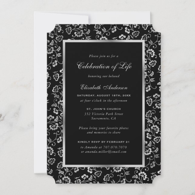 Black Silver Floral Memorial Celebration of Life Invitation (Front)