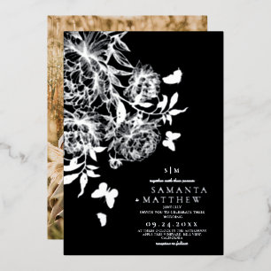 Black & Silver ⎮Floral Modern Minimalist Wedding Foil Invitation