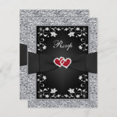 Black Silver Floral Red Hearts FAUX Foil RSVP Card (Front/Back)