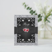 Black Silver Floral Red Hearts FAUX Foil RSVP Card (Standing Front)