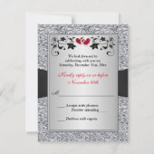 Black Silver Floral Red Hearts FAUX Foil RSVP Card (Back)