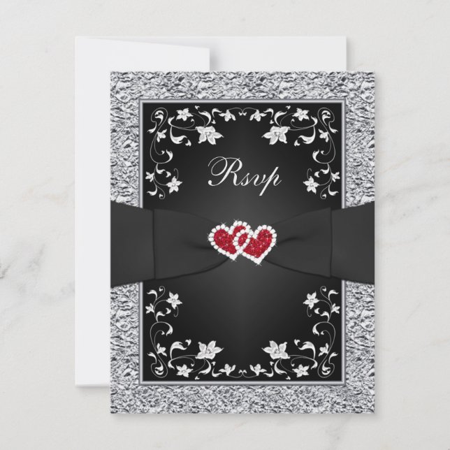 Black Silver Floral Red Hearts FAUX Foil RSVP Card (Front)