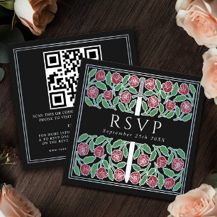 Black Silver Floral Royal Wedding RSVP QR Code  Enclosure Card