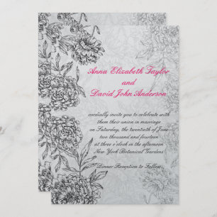 Black SIlver Floral Wedding Invitations Pink