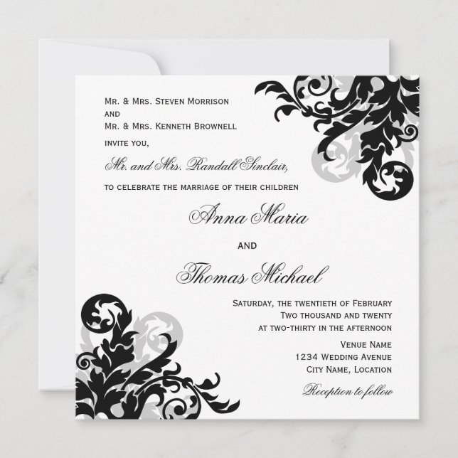 Black Silver Flourish Individual Guest Wedding Invitation (Front)