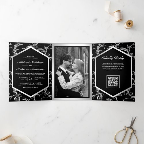 Black Silver Flourish Swirl Photo QR Code Wedding Tri-Fold Invitation