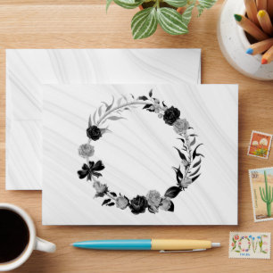 black & silver flowers wreath marble wedding envelope