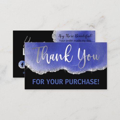 Black Silver Foil Glitter Blue Agate Thank You Business Card