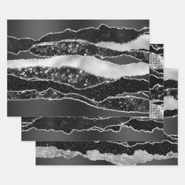Black silver foil glitter classy elegant chic wrapping paper sheets (Set)