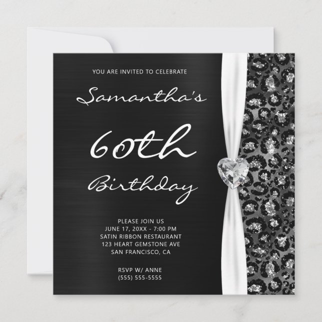 Black Silver Foil Glitter Leopard Glam Birthday Invitation (Front)