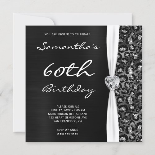 Black Silver Foil Glitter Leopard Glam Birthday Invitation