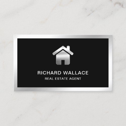 Black Silver Foil Home Logo Real Estate Agent Business Card